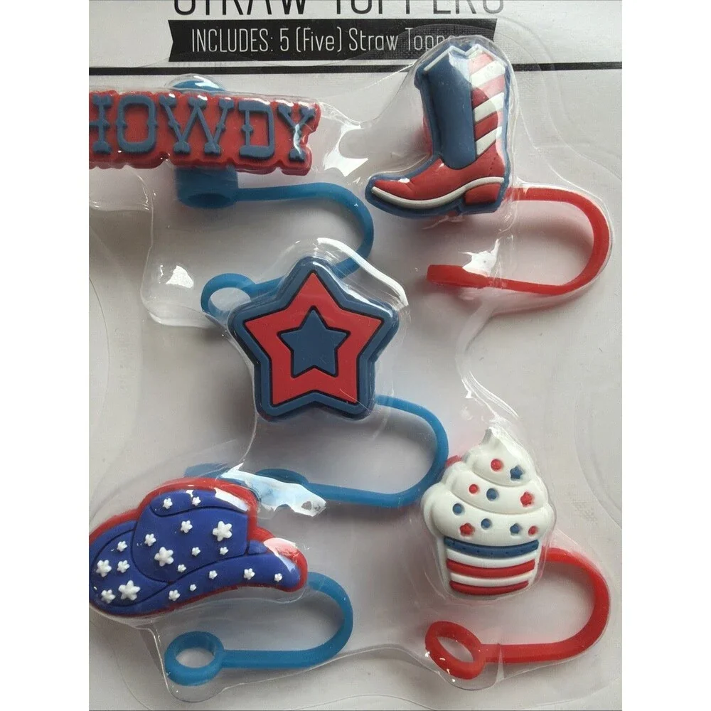 Americana 5pc Patriotic Straw Toppers Howdy Cowboy Boot Hat Star Cupcake New